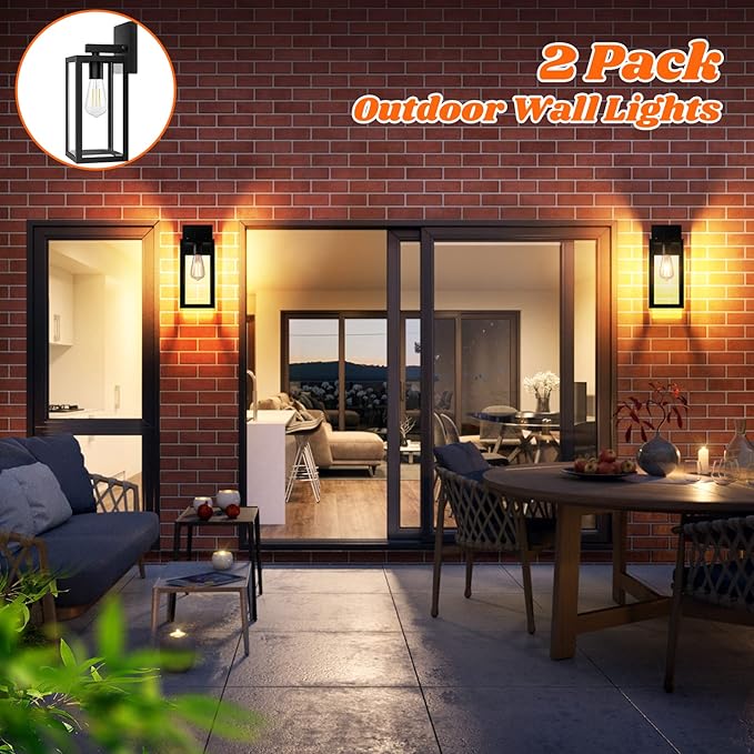 2-Pack Outdoor Light Fixtures Wall Mount, Waterproof Exterior Wall Lanterns with Clear Glass, Anti-Rust Outside Black Wall Sconces, Front Porch Lights for House Garage Doorway, Bulbs Not Included