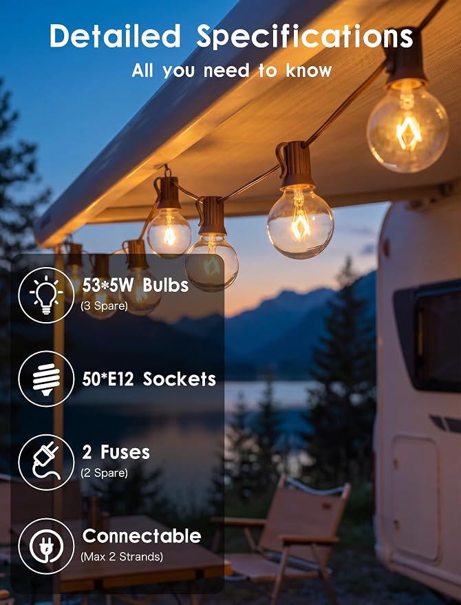 SUNSGNE 50Ft Outdoor Edison String Lights G40 Connectable Globe Lights with 53 Clear Globe Bulbs(3 Spare) for Indoor Outdoor Commercial Decor, 50 Hanging Sockets, 5W/E12 Base, Brown Wire