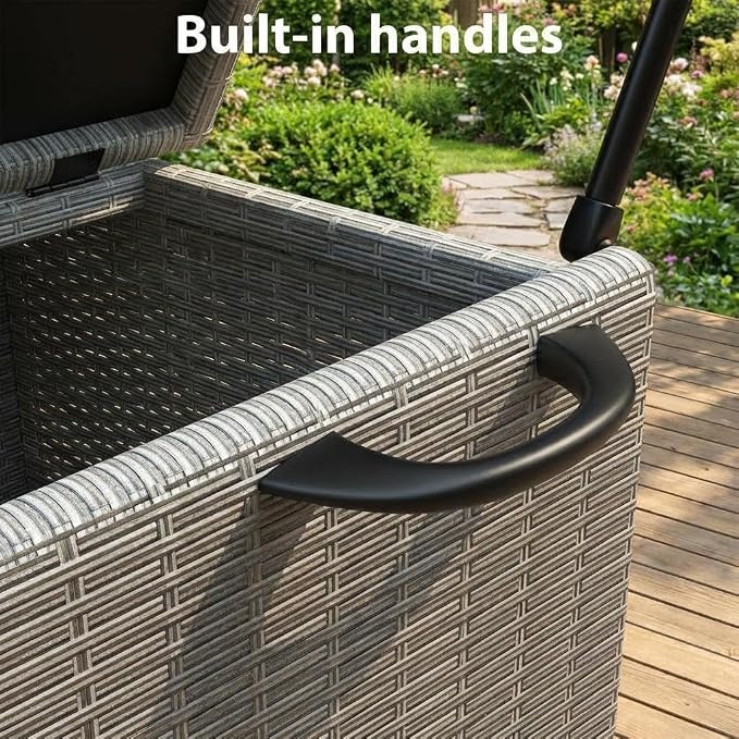 GarveeLife Medium Outdoor Wicker Storage Box, PE Rattan Patio Storage Chest with Steel Frame, Compact Deck Storage Box for Cushions, Toys & Outdoor Essentials – Gray Wicker