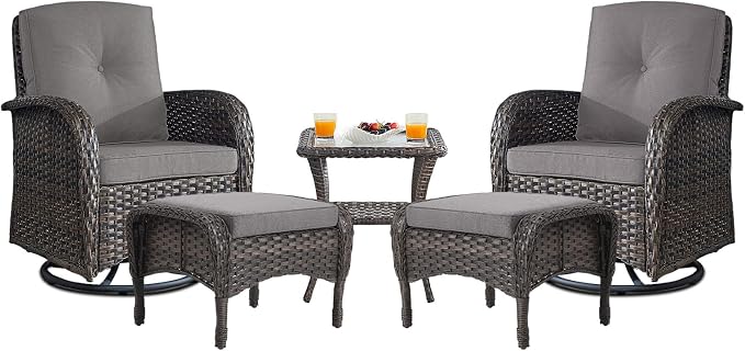 Belord Small Conversation Sets Patio Funiture - 5 Piece Outdoor Swivel Rocker Wicker Furniture Sets with Ottomans Side Table Perfect for Patio Deck Backyard, Brown Wicker Grey Cushion