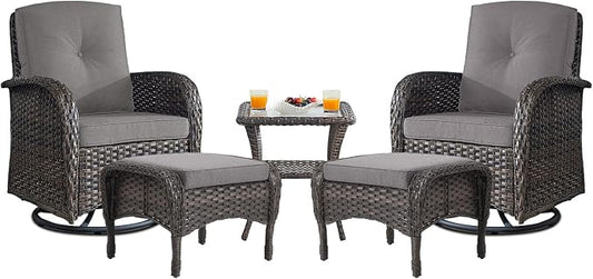 Belord Small Conversation Sets Patio Funiture - 5 Piece Outdoor Swivel Rocker Wicker Furniture Sets with Ottomans Side Table Perfect for Patio Deck Backyard, Brown Wicker Grey Cushion