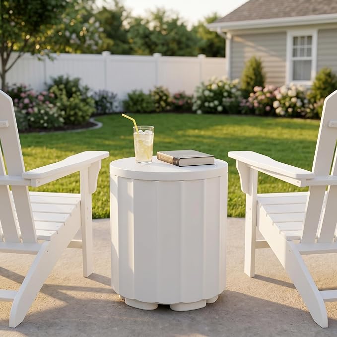 Zapdos 3-in-1 Outdoor Cooler Side Table, Dense Fluted Design, 16.5in Patio Ice Bucket, 330lbs Capacity, No Assembly, White