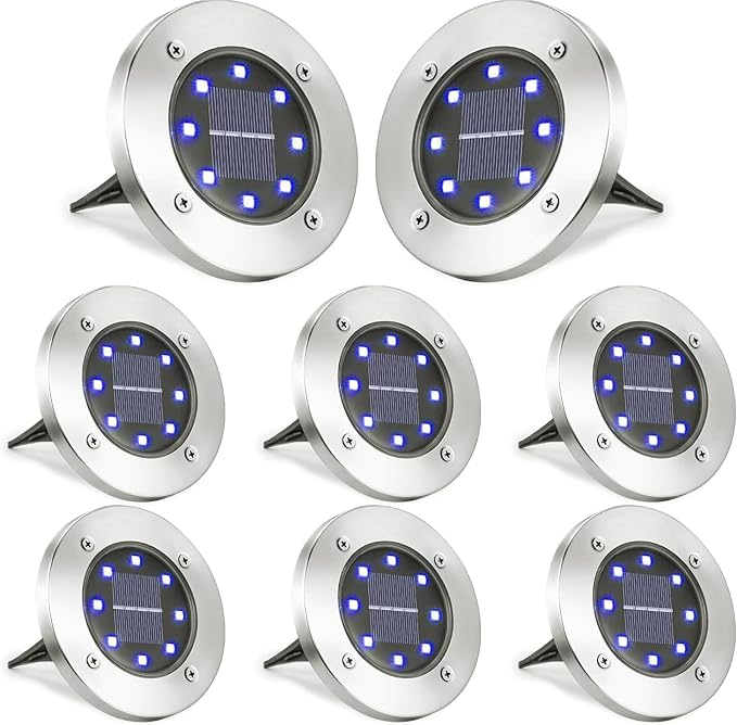 LYHOPE Solar Ground Lights Outdoor, 8 Pack 8 LED Solar Disk Lights Waterproof Garden In-ground Pathway Light Landscape Lighting for Lawn,Yard,Deck,Patio,Walkway (Blue)