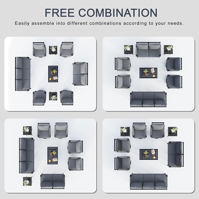 9 Pieces Patio Furniture Set, Metal Outdoor Conversation Sets with Swivel Chairs, Modern Couch Sofa Seating Group with Coffee Table and Side Table (Thick Gray Cushions)