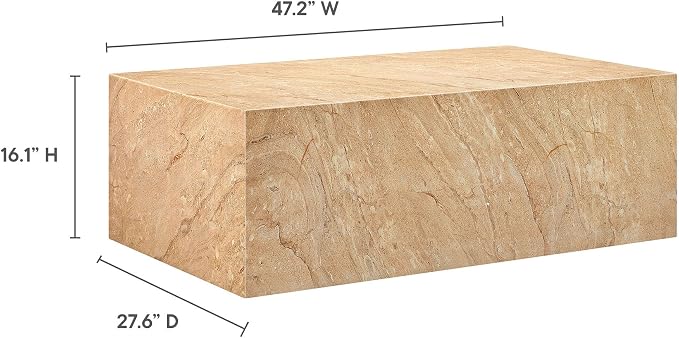 Modway Jordana 47 Inch Rectangle Concrete Coffee Table in Travertine – Plinth Coffee Table with Faux Stone Finish – Concrete Furniture Center Table for Living Room or Patio