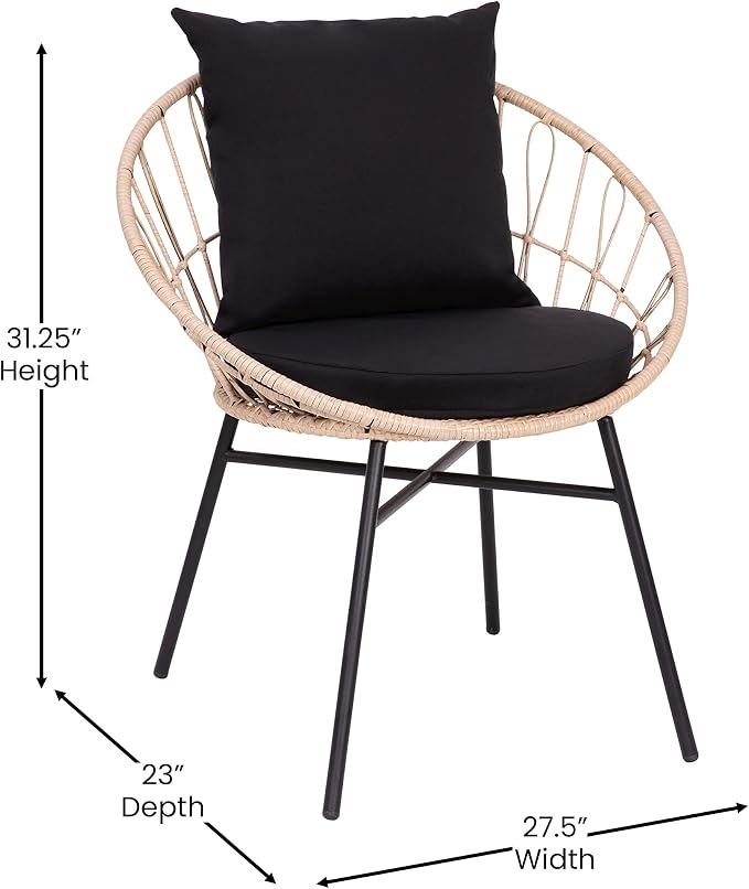 EMMA + OLIVER Ari 3 Piece Boho Patio Set - Tan Finish Faux Rattan Rope Chairs - Black Removable Cushions - Tempered Glass Top Side Table - Indoor/Outdoor
