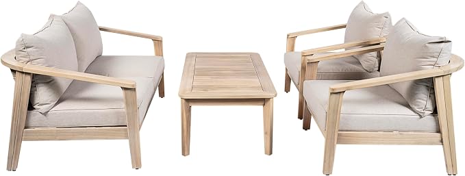 Merax 4 Piece Outdoor Wood and Wicker Chat Set, Light White Finish with Beige Cushion