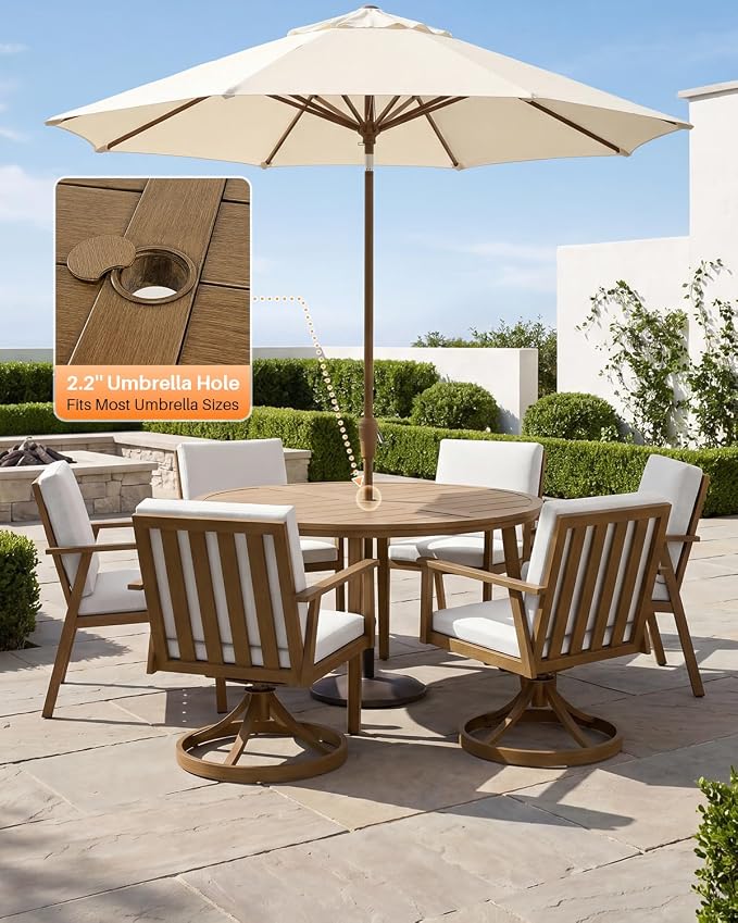 51-Inch Round Outdoor Dining Table, Aluminum Patio Dining Table with Umbrella Hole, Outdoor Round Dining Table for 6, Never-Rust Patio Table for Lawn, Backyard, Deck, and Garden, Teak