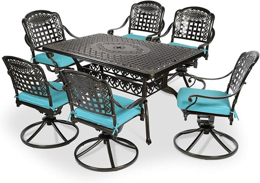VIVIJASON 7-Piece Outdoor Furniture Dining Set, All-Weather Cast Aluminum Patio Conversation Set, Include 6 Swivel Dining Chairs and a Rectangle Table with Umbrella Hole, Ocean Blue Cushion