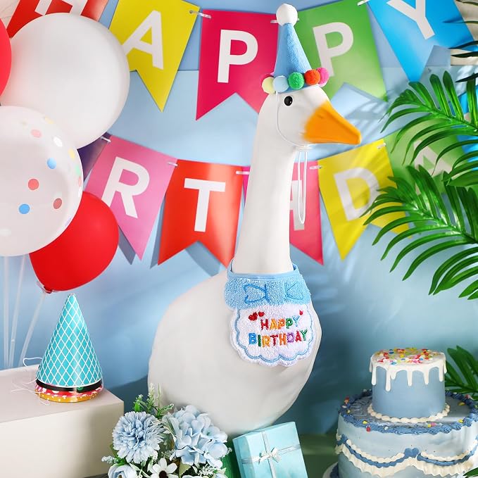 Abbylike Happy Birthday Goose Outfit Lawn Porch Goose Outfits with Party Hat Bandana for 23" 17" Cement Plastic Duck Decor(Blue)