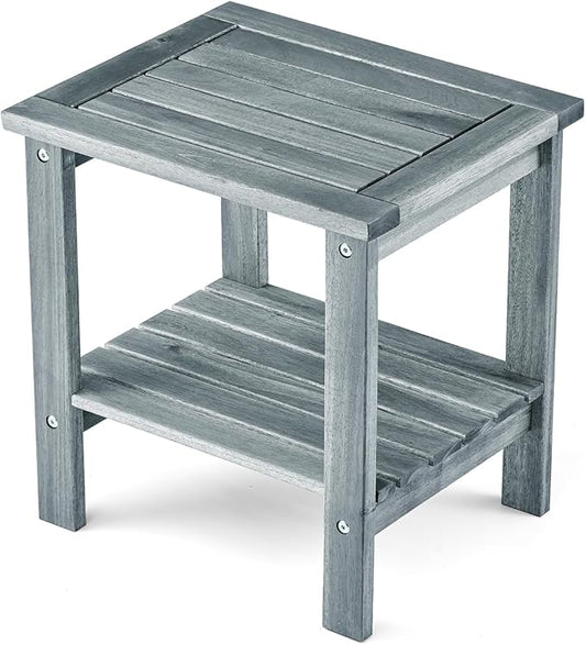 THYOI Premium Acacia Wood Outdoor Side Table, Adirondack Square Patio End Table with 2-Tier Storage Shelf, Weather-Resistant Small Table for Porch, Garden, Backyard, Poolside (Grey)