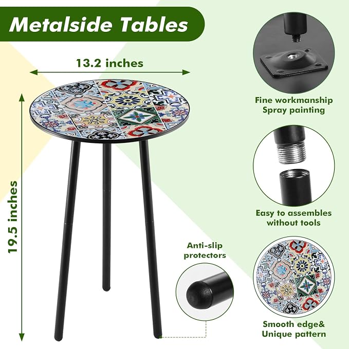1 Pack Metal Outdoor Side Table Small Outside Round End Table for Patio Modern Accent Garden Corner Table for Small Spaces, Balcony, Porch, Weather-Resistant, Plant Stand Indoor, Mixed Mosaic