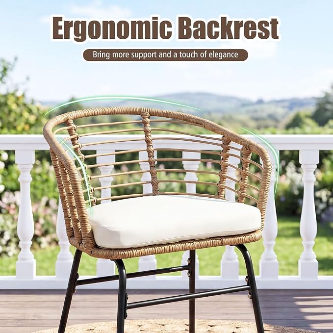Tangkula 3 Pieces Patio Furniture Set, PE Rattan Bistro Chairs with Tempered Glass Coffee Table and Soft Cushions, Outdoor Wicker Conversation Set for Porch, Balcony, Garden and Poolside (Off White)