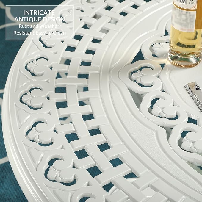VIVIJASON 5-Piece Patio Furniture Dining Set, All-Weather Cast Aluminum Outdoor Conversation Set, Include 4 Chairs and 1 Round Table w/Umbrella Hole for Balcony, Lawn, Garden, Backyard, White