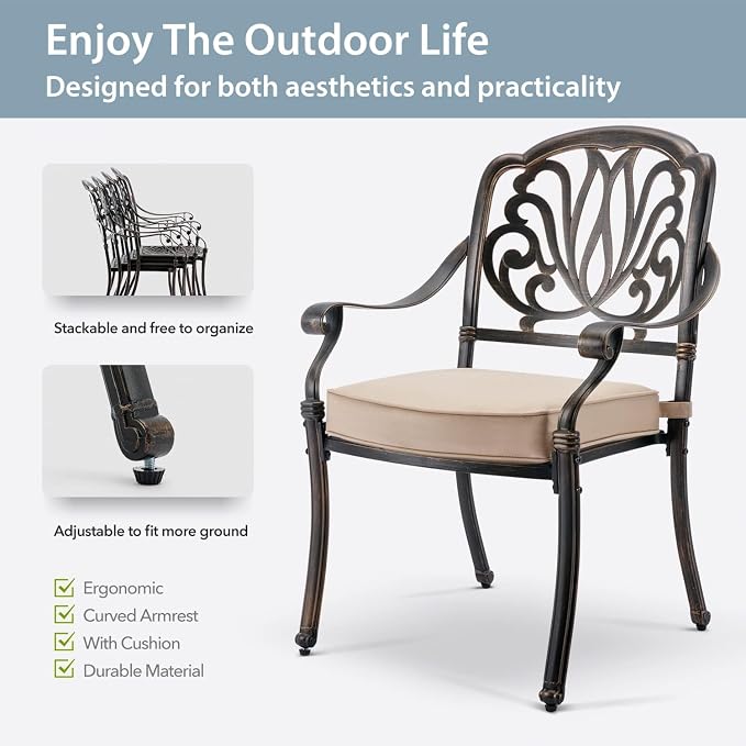 7-Pcs Cast Aluminum Patio Dining Set for 6, 54" Round Table,Bronze | Outdoor Furniture Set Include Dining Table and 6 Stackable Chairs with Cushions & Umbrella Hole