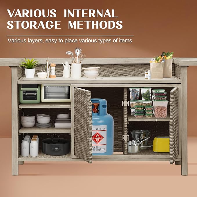 Domi Outdoor Home Bar Unit Set of 3, All-Weather Wicker & Aluminum Frame Farmhouse Bar Table with 2 Counter Height Stools with Shelves and Cabinet, for Patio, Kitchen Island, Indoor Outdoor Use