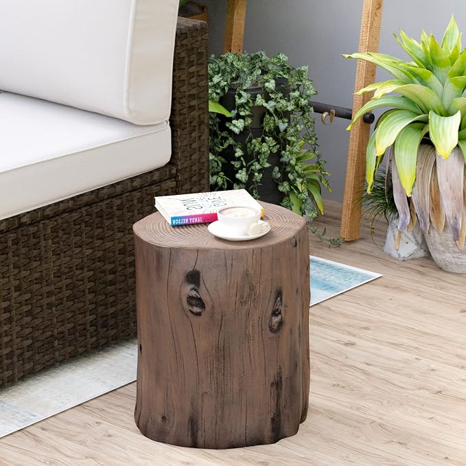 HOMPUS Concrete Outdoor Side Table,Tree Stump Modern Round Accent Table,Plant Stand Faux Wood End Garden Stool for Patio,Home Decor, Living Room(Walnut)
