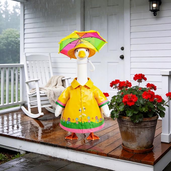 Raincoat Porch Goose Outfits, 3 Pcs Set Spring Summer Lawn Goose Statue Raincoat Clothes, Yard Gooses Costume Raincoats Umbrella Hat Outfit for 23" Statue Patio Garden Decoration
