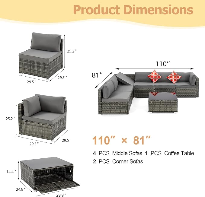 7 Piece Patio Furniture Set with Adjustable Bracket Grey Wicker Rattan Patio Conversation Sets Sectional Sofa Set with Table and Cushions for Porch Lawn Garden, Grey