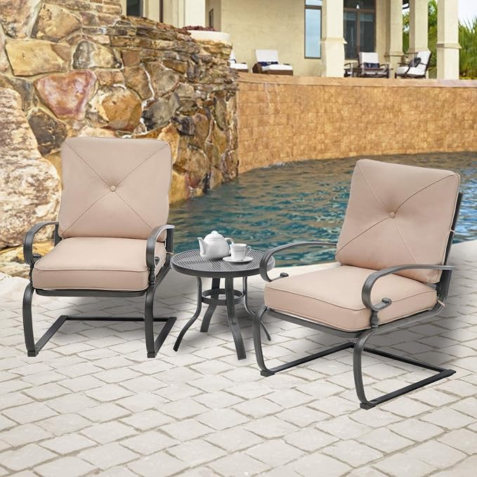 Outdoor 3 Pcs Patio Bistro Spring Set Motion Metal Lounge Chairs and Round Table, Frame Conversation Set with Washable Cushions, Brown