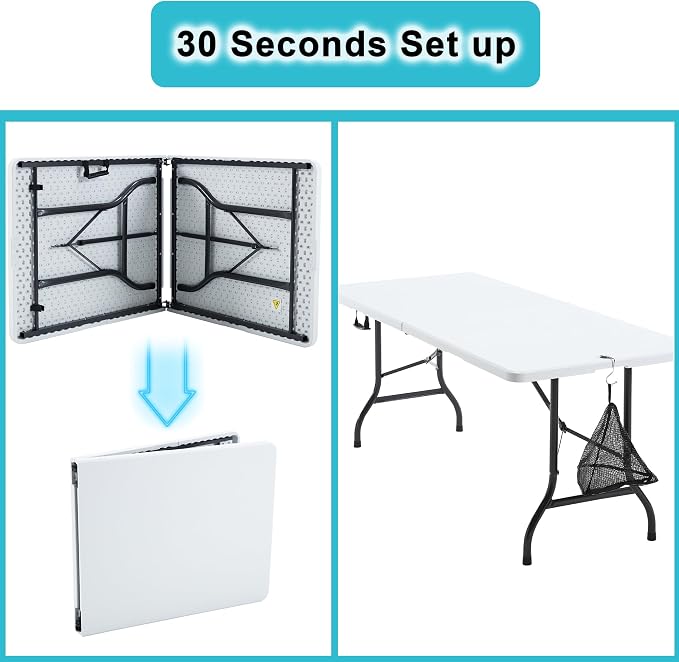 VECELO 6Ft Folding Table,Indoor Outdoor Portable Picnic Plastic Table with Mesh Trash Bag,Heavy Duty Foldable Camp Desk with Handle Legs for Dining Wedding&Party,Pearl White