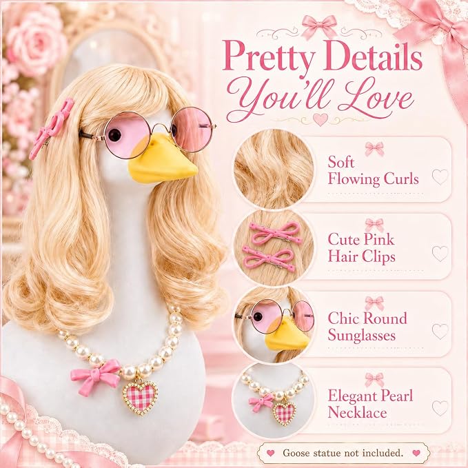 Porch Goose Summer Outfits Wigs Blonde 1 Pack Summer Outfits for Porch Goose with Blonde Long Wigs Princess Style Outdoor Decor for Lawn Goose Statues