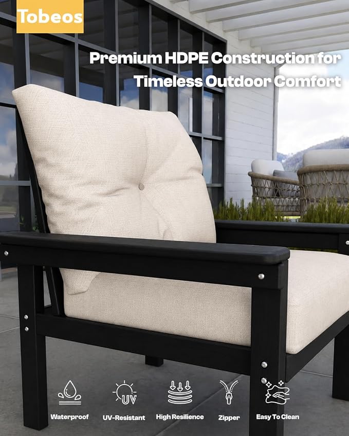 HDPE 4 Piece Patio Furniture Set, All-Weather Outdoor Couch with Thick Cushions & Coffee Table & Side Table, Patio Conversation Sets for Lawn, Garden, Porch, Balcony, Deck, Poolside,Black Beige