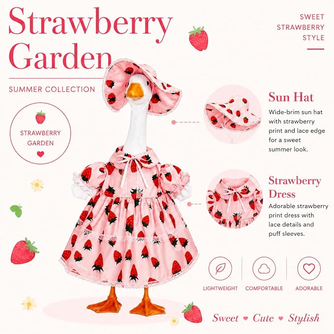 23-Inch Porch Goose Outfit for Spring Summer, Strawberry Dress with Matching Hat, Fits Cement & Plastic Goose Statues, Outdoor Lawn Decor
