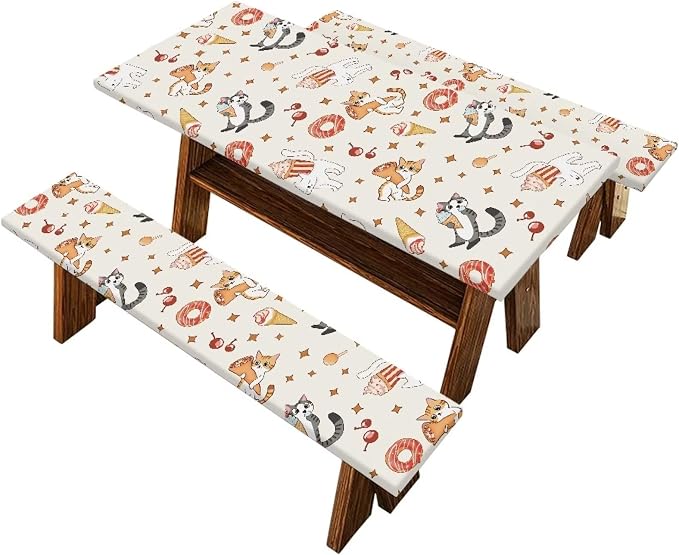 Cute Cat Table Cover with Bench Covers Washable Rectangle Table Cover Outdoor Patio Camping Essentials Picnic Table and Chair Decorative Cover Suitable for Family Gatherings Vacations