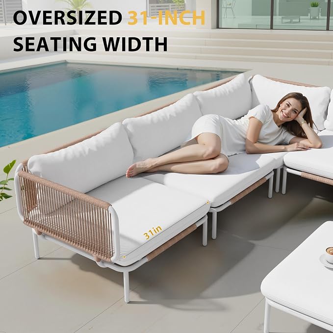 Patio Furniture Set, Outdoor Patio Furniture Oversized Metal Single Sofa, 2-seat Conversation Set with Cushion for Indoor and Outdoor, White Frame and Beige Mat, （2 Seats 2 Armrests）