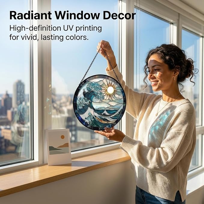 Birthday Gifts for Women - Blue Giant Waves Faux Stained Glass Window Hanging Sun Catcher for Door Garden Acrylic Home Sea Decor Mother's Day for Mom Nana Friend Grandma Wife 7.8"