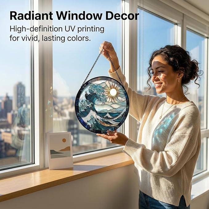 Birthday Gifts for Women - Blue Giant Waves Faux Stained Glass Window Hanging Sun Catcher for Door Garden Acrylic Home Sea Decor Mother's Day for Mom Nana Friend Grandma Wife 6.3"