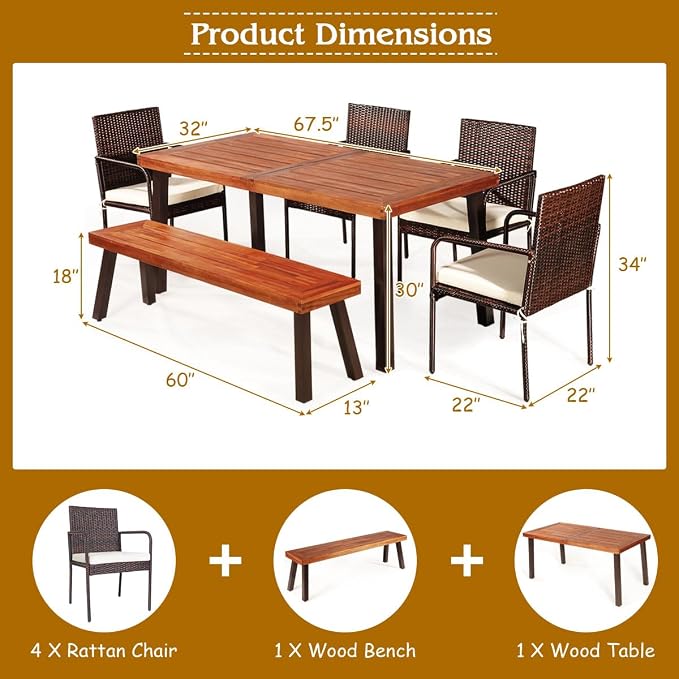 Tangkula 6 Piece Acacia Wood Patio Dining Set, Patiojoy Outdoor Wicker Furniture Set w/Bench, 4 Cushioned Rattan Chairs & Wood Table with Umbrella Hole, Ideal for Backyard Garden Porch