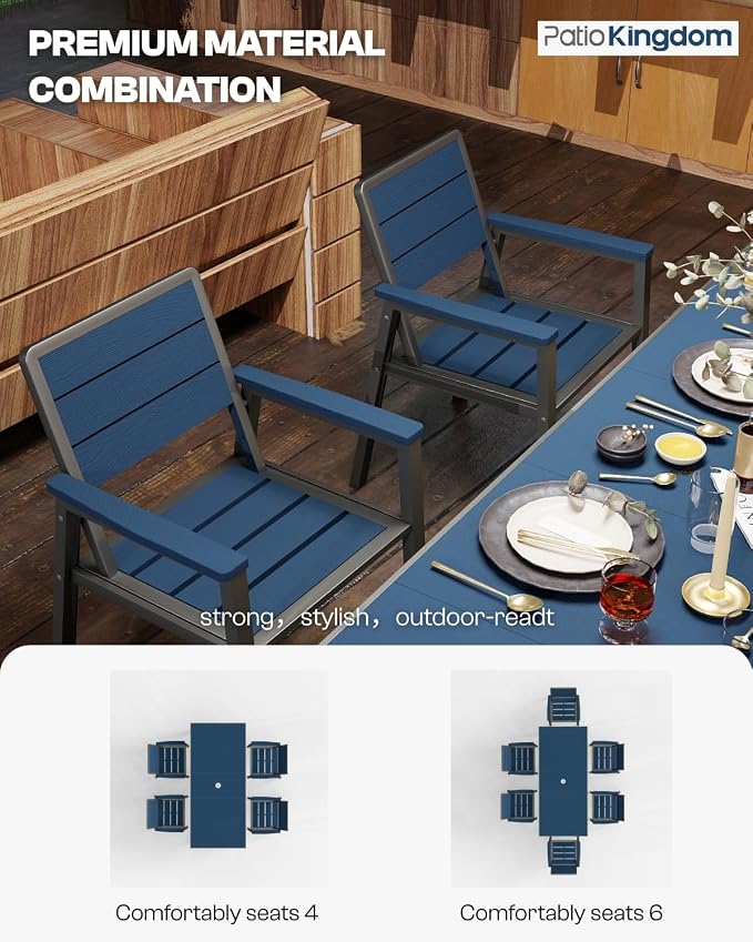 7-Piece Outdoor Dining Set with 15FT Umbrella,Navy | HDPE table, chairs included, aluminum frame, 2" hole design, weather-resistant furniture, perfect for backyard, deck, garden