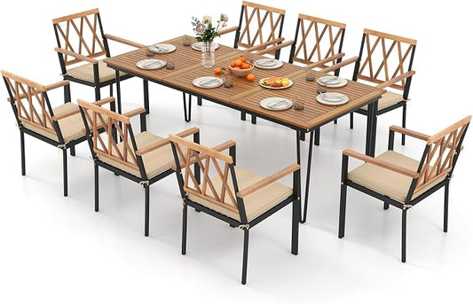 Tangkula 9 Piece Patio Dining Set, Outdoor Rectangular Dining Table w/Acacia Wood Top & Umbrella Hole, Metal Frame Dining Table & Chairs Set w/Removable Seat Cushions for Yard, Porch, Garden, Deck