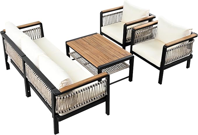 VilroCaz 4 Pieces Outdoor Sectional Sofa Set, All-Weather Patio Seating Group Cnversation Set with Cushions and Coffee Table for Patios Gardens Balcony, Sturdy Steel Frame (Beige+Metal & Wood)