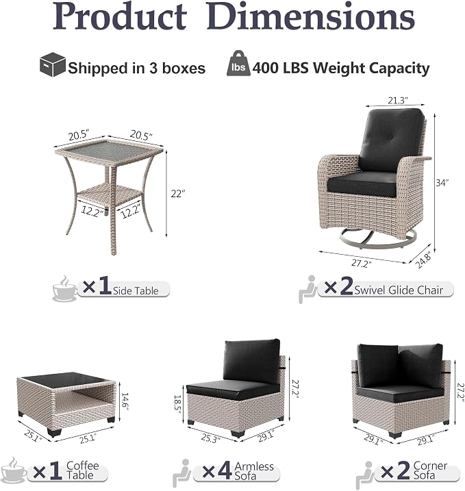 Patio Furniture Set, 10-Piece Outdoor Sectional Sofa with Swivel Rocker Chairs & 2-Layer Glass Coffee Table, Wicker Patio Conversation Set with Black Cushions