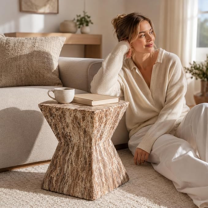 12.4" Concrete Side Table Outdoor, Modern Tree Stump Garden Stool,Faux Terrazzo Modern Small Squre Side Accent Table,Small Stone End Table for Balcony (Marble-12.4"-6)