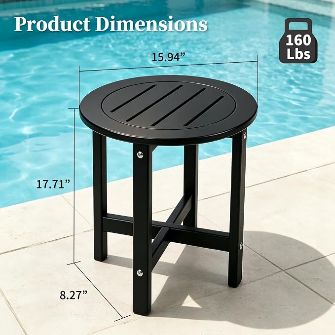 Small Outdoor Side Table 15.94" HDPE Round Adirondack End Table | Storage Shelf, Plant Stand, Weather Resistant, Easy to Clean & Use, Not prone to fading, for Patio, Backyard, Deck, Black