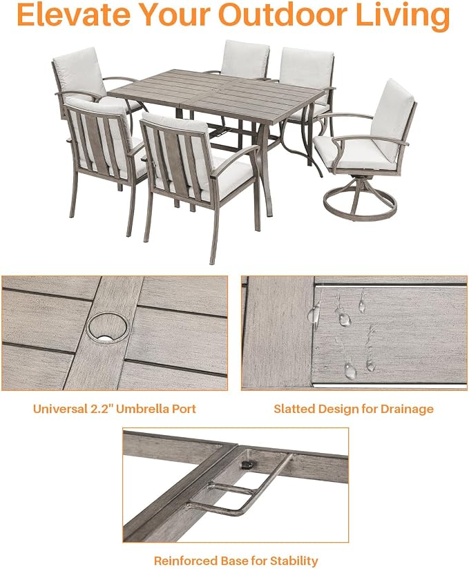 7-Piece Outdoor Dining Set, Never-Rust Aluminum Patio Dining Set, Patio Table Furniture Sets with Cushions, 4 Dining Chairs, and 2 Swivel Chairs for Deck, Garden, Backyard, Limed Oak