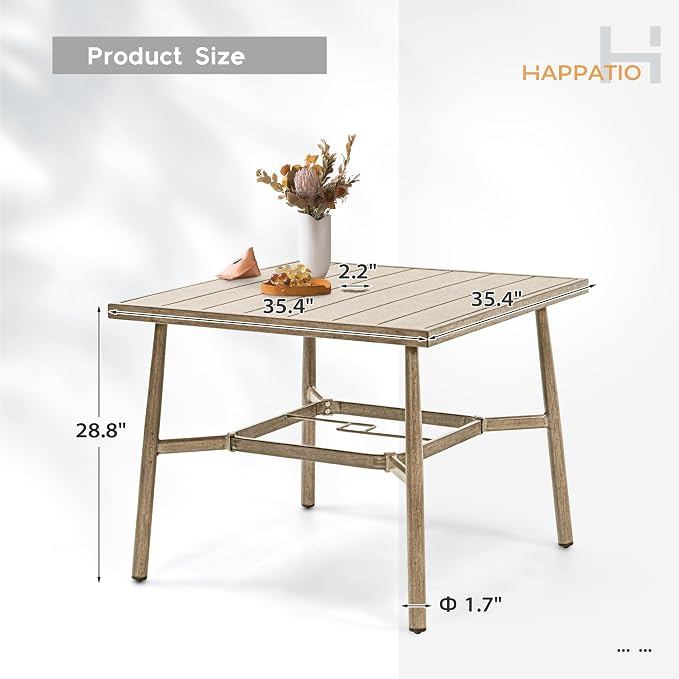 HAPPATIO Patio Table for 4, Modern Square Outdoor Dining Table with Umbrella Hole and Adjustable Feet, All Weather Aluminum Patio Table for Garden, Backyard and Poolside, Brown