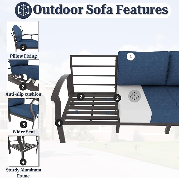 Kurapika Aluminum Patio Furniture Set 5-Seat Modern Outdoor Conversation Sets w/2 Ottomans with Rectangular Coffee Table, Navy Blue