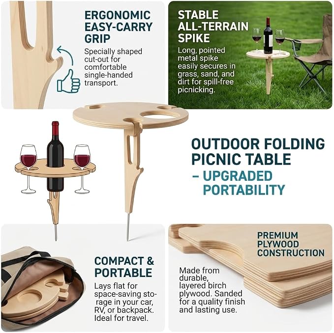 Portable Outdoor Wine Table with Removable Round Wooden Wine Rack, Ground Fixing Design, Comes with Storage Bag, Small Picnic Table for Wine Lovers, Ideal for Garden Lawn Beach, Easy to Carry & Store