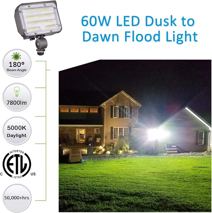 60W LED Flood Light with Knuckle, Outdoor Security Fixture Dusk-to-Dawn Photocell 5000K 7,800lm(300W Equivalent) 100-277V IP65 Waterproof with Base for Wall Mount for Entrance Garden Yard