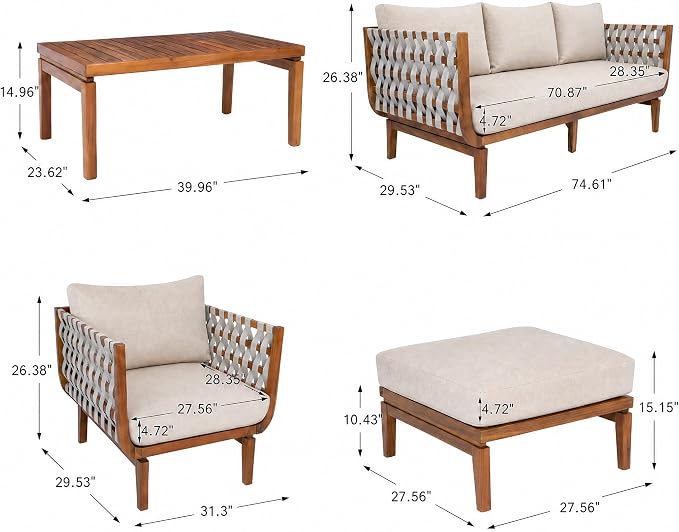 Christopher Knight Home Gwen 5 Piece Acacia Wood Patio Conversation Set with Sofa, Coffee Table, Ottomans and Club Chair, Patio Sofa Set with Cushions, Outdoor Patio Furniture Set, Teak+Beige