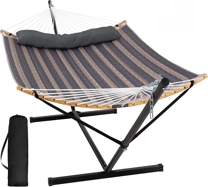 SUNCREAT Hammocks for Outside with Stand Included, Double Hammock with Curved Spreader Bar, Carrying Bag, Gray Stripes