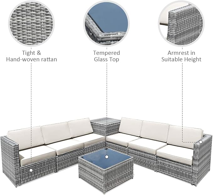 RELAX4LIFE 8-Piece Patio Furniture Set - PE Wicker Conversation Set w/Soft Cushions & Tempered Glass Storage Table, Outdoor Sectional Sofa Set for Garden, Poolside, Backyard (White)