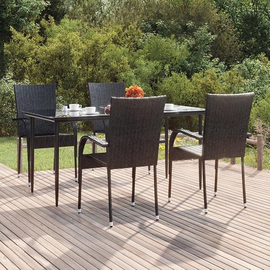5 Piece Patio Dining Set, Outdoor Wicker Table and 4 Stackable Chairs, Weather-Resistant Poly Rattan Furniture for Garden, Backyard, and Poolside, 63 Inch Table