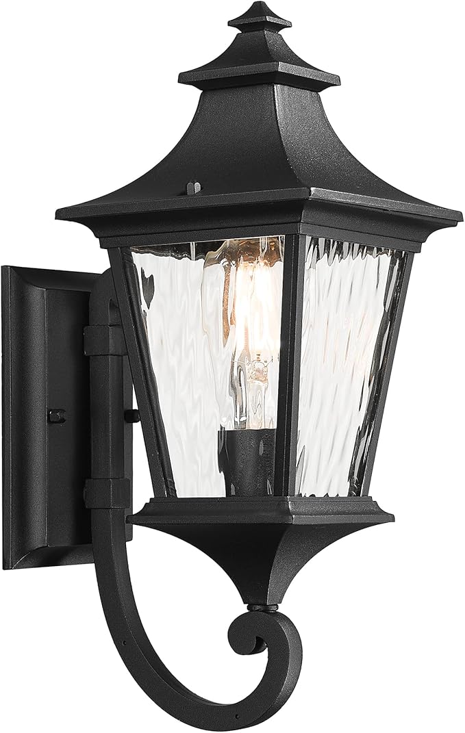 Emliviar Outdoor Light Fixture Wall Mount, 15 Inch 1-Light Exterior Wall Sconce Light with Water Ripple Glass, Black Finish, XE292UB-SW BK