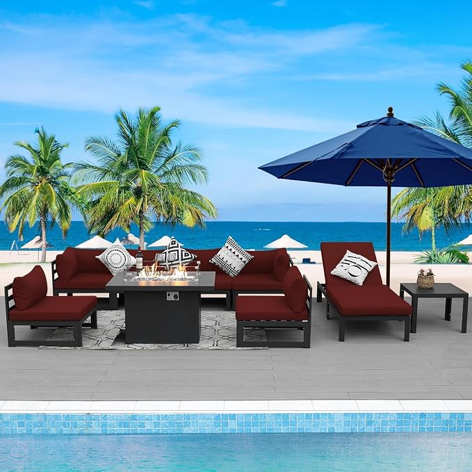 BULEXYARD 7 Person Modern Aluminum Outdoor Patio Furniture Set with Chaise & Firepit Table, 29 inch Wide Deep Seat, All Weather Modular Sectional Couch, Oversized Conversation Set for Garden Deck, Red